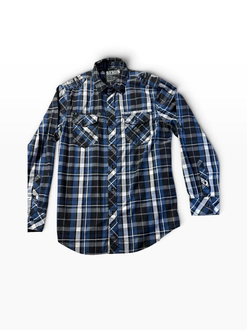 Rerun Men’s Large Plaid Shirt Blue Black White Long Sleeve Epaulet Western